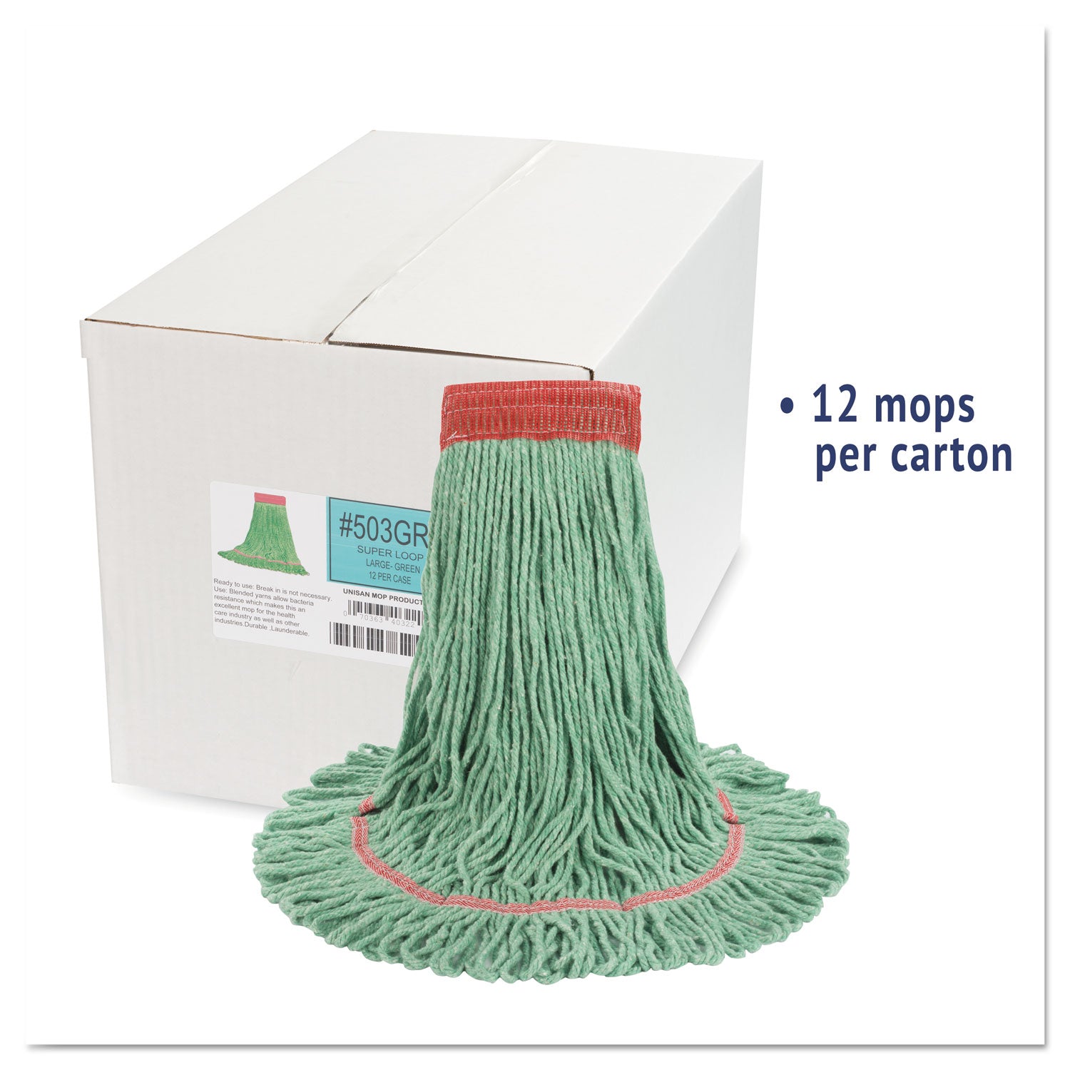 Super Loop Wet Mop Head, Cotton/synthetic Fiber, 5" Headband, Large Size, Green, 12/carton