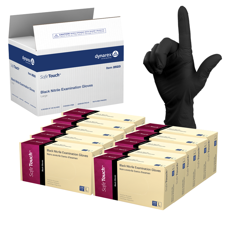 Safe-Touch Black Nitrile Exam Gloves, Large, Powder-Free, Black - 100 pcs per Box/10 boxes per Case
