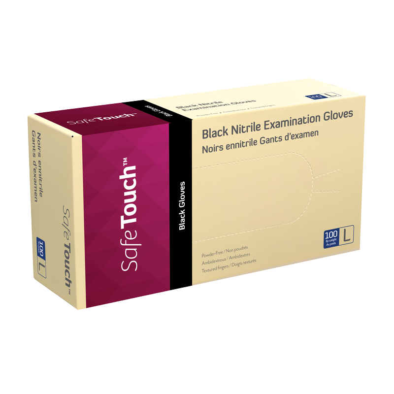 Safe-Touch Black Nitrile Exam Gloves, Large, Powder-Free, Black - 100 pcs per Box/10 boxes per Case