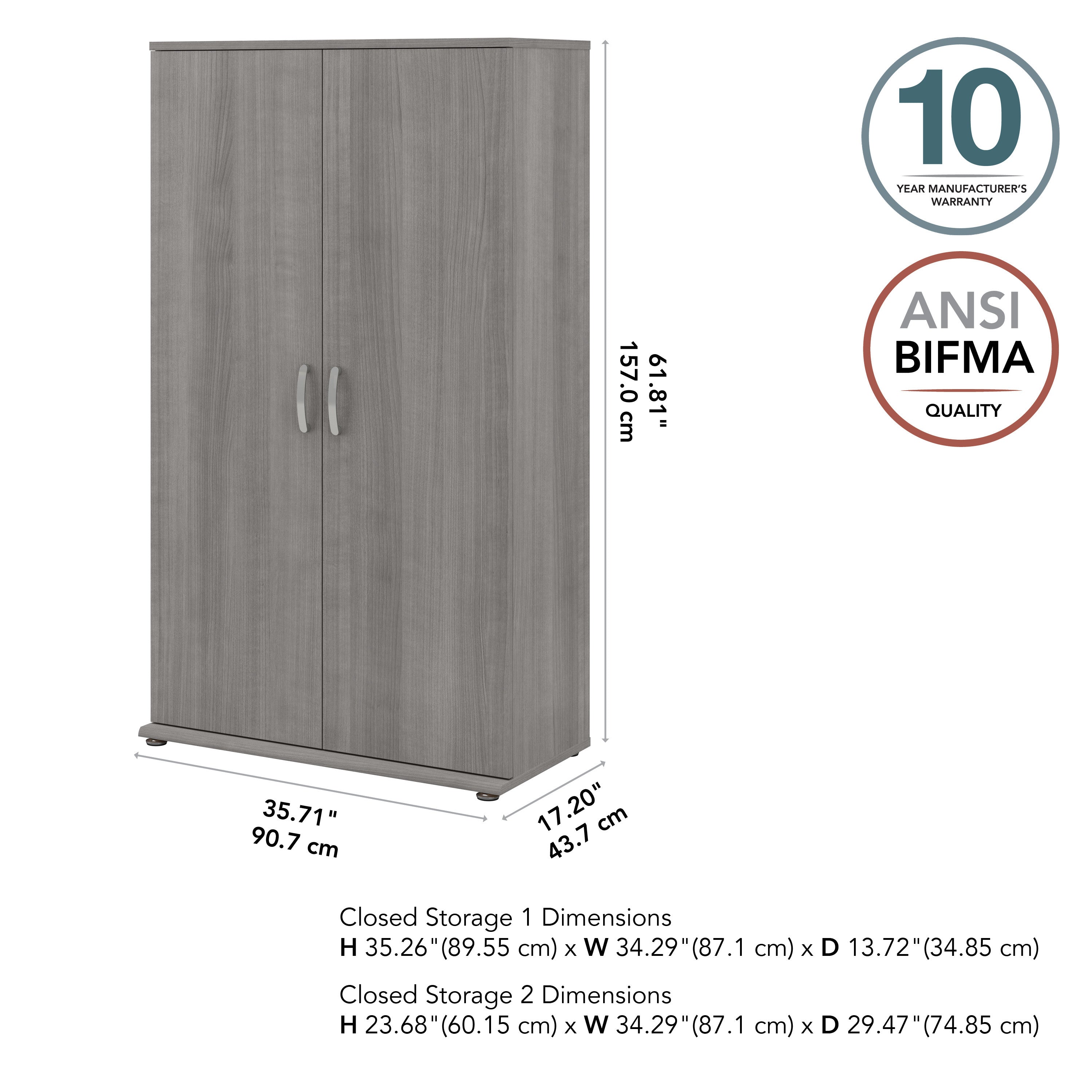 Bush Business Furniture Universal Tall Storage Cabinet with Doors and Shelves in Platinum Gray - 35.71" Width x 17.2" Depth x 61.81" Height