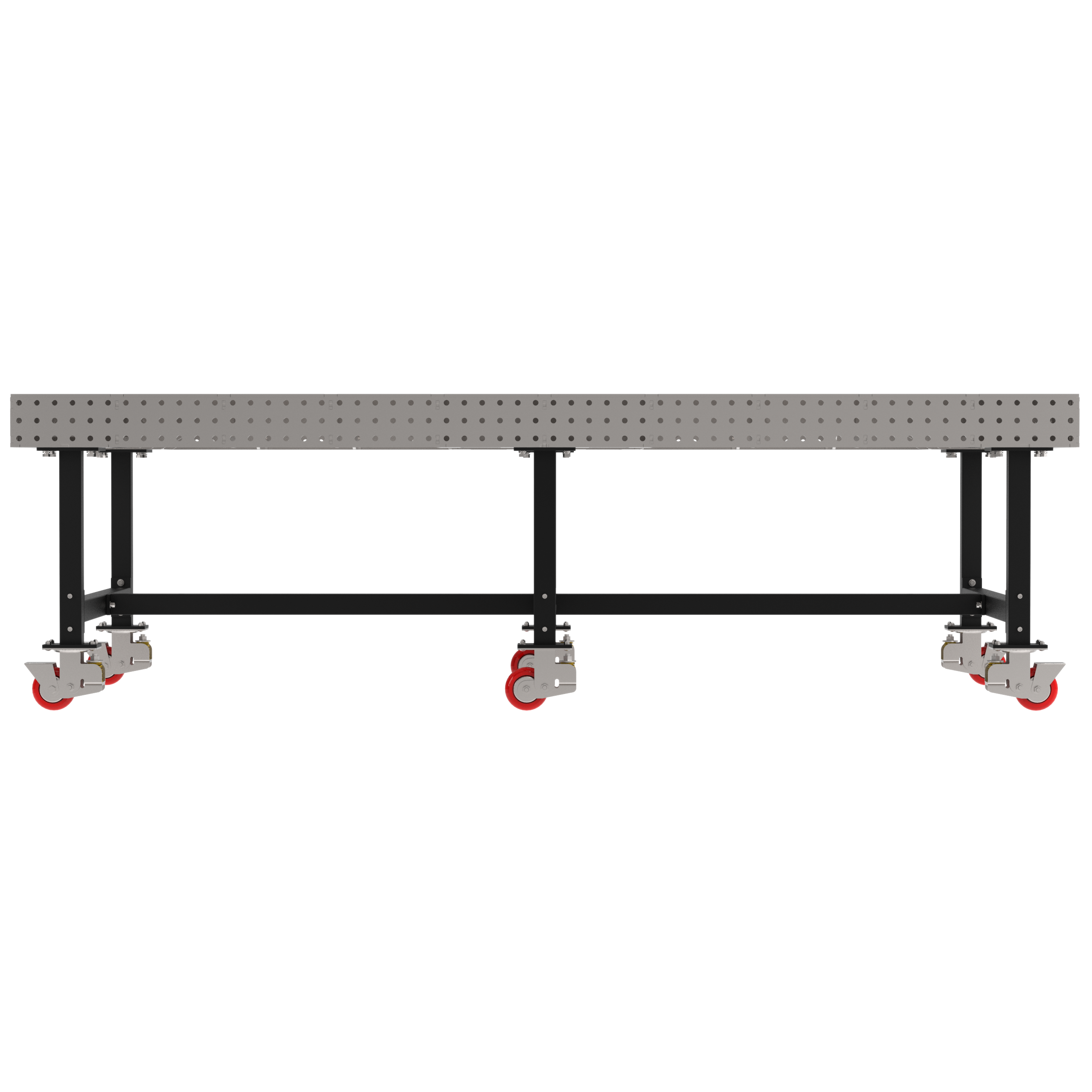 Welding Fixture Table, Fixed Height, 36"H x 120"L x 60"D, 1/4" Carbon Steel Top, Six Black Powdercoat Legs, 6 Heavy Duty Suspension Casters (4 Locking/Swiveling Casters and 2 Non-Locking/Non-SwivelingCasters)