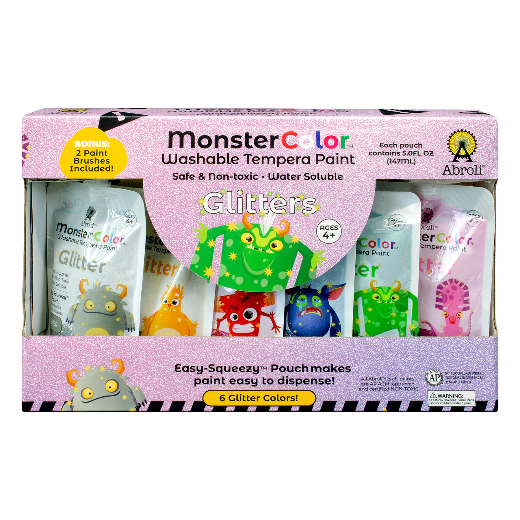 MonsterColor Washable Tempera Paint, 5 oz., Glitter, 6-Pack