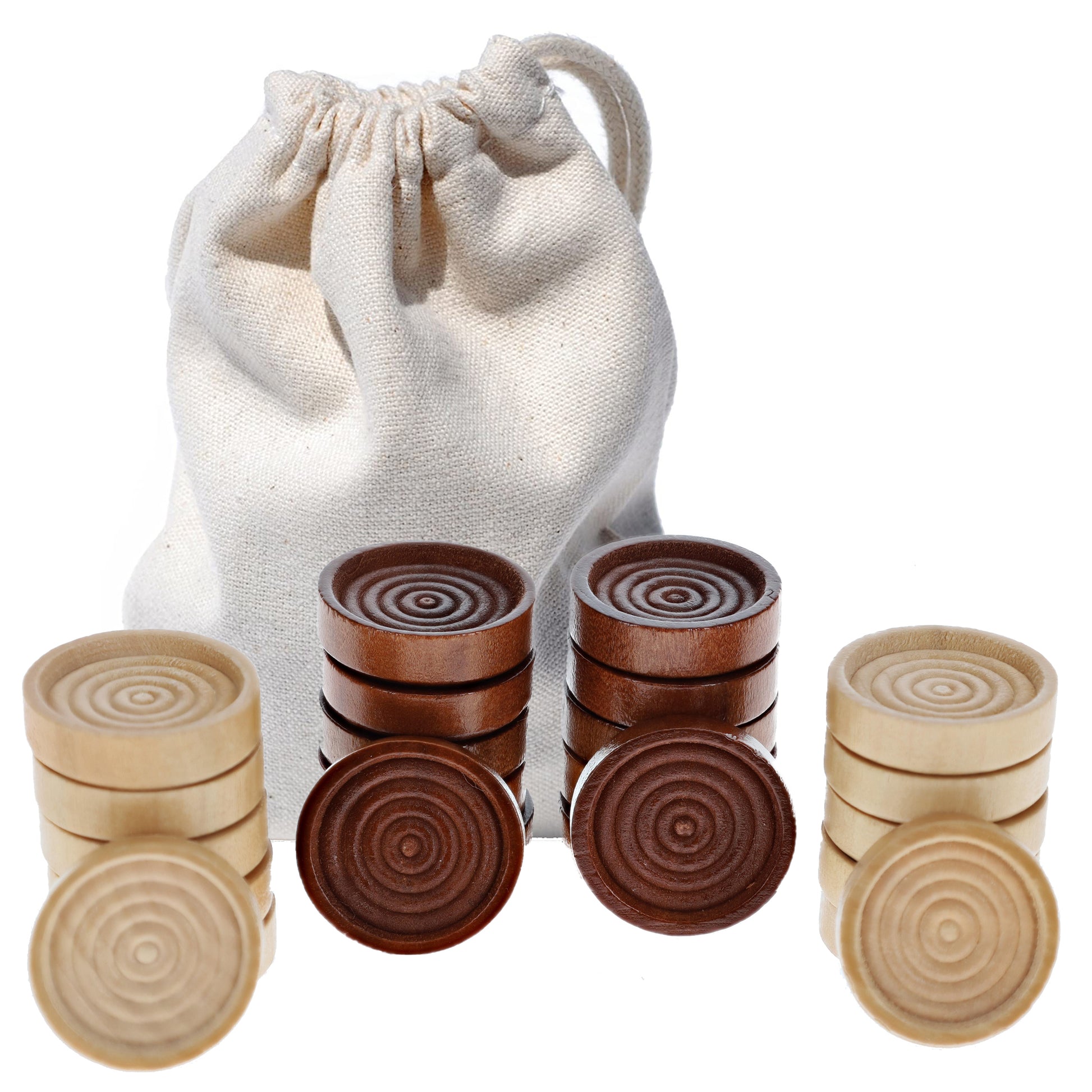 Backgammon  &  Checker  Accessories Wood - 24 Checker Pieces In Cloth Bag, Dark Brown/Natural, Piece size:1 1/2"