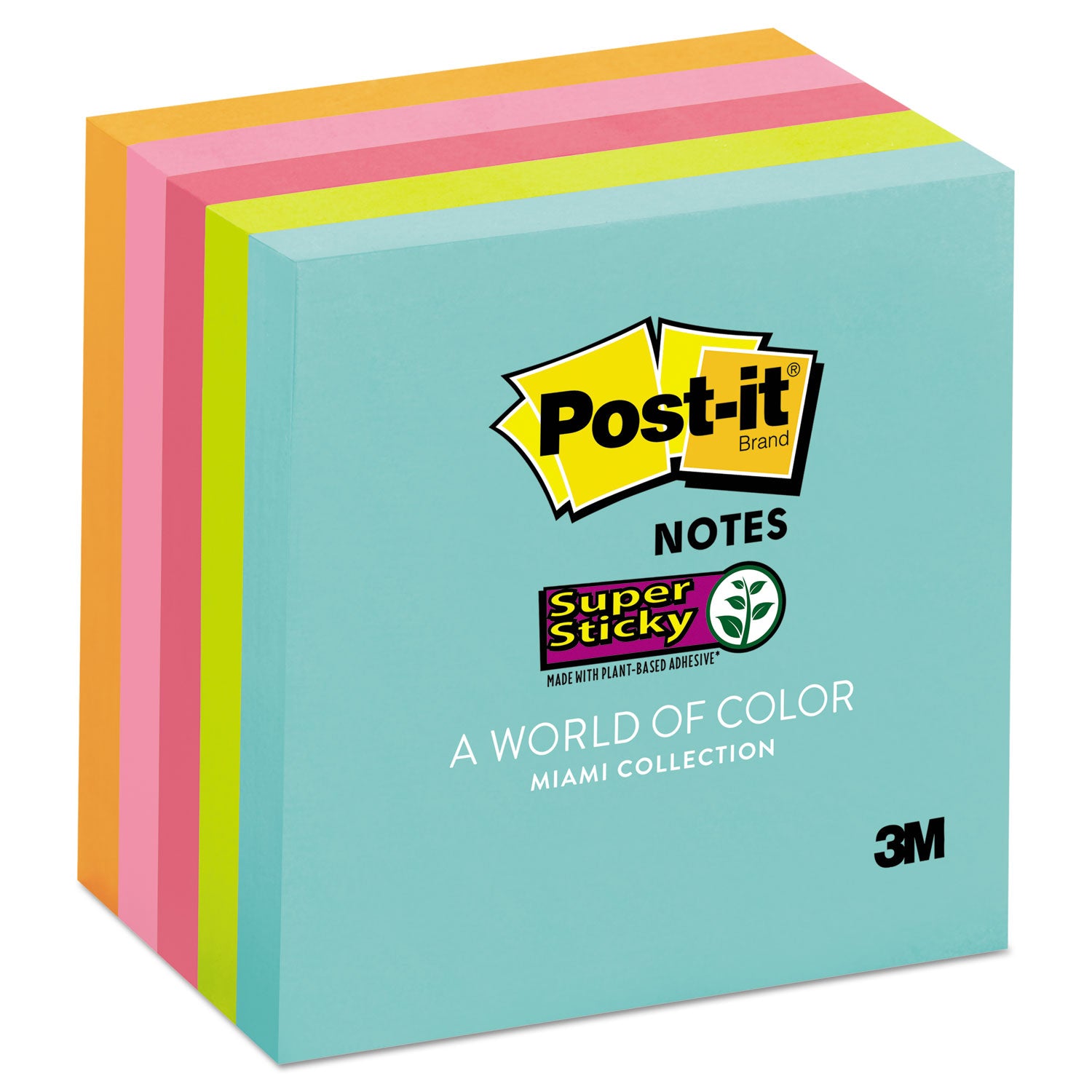 Post-it Super Sticky Notes, Supernova Neons Color Collection, 3" x 3", Square, 90 Sheets per Pad, Aqua Splash/Acid Lime/Guava/Tropical Pink/Iris Infusion, 1 Pack