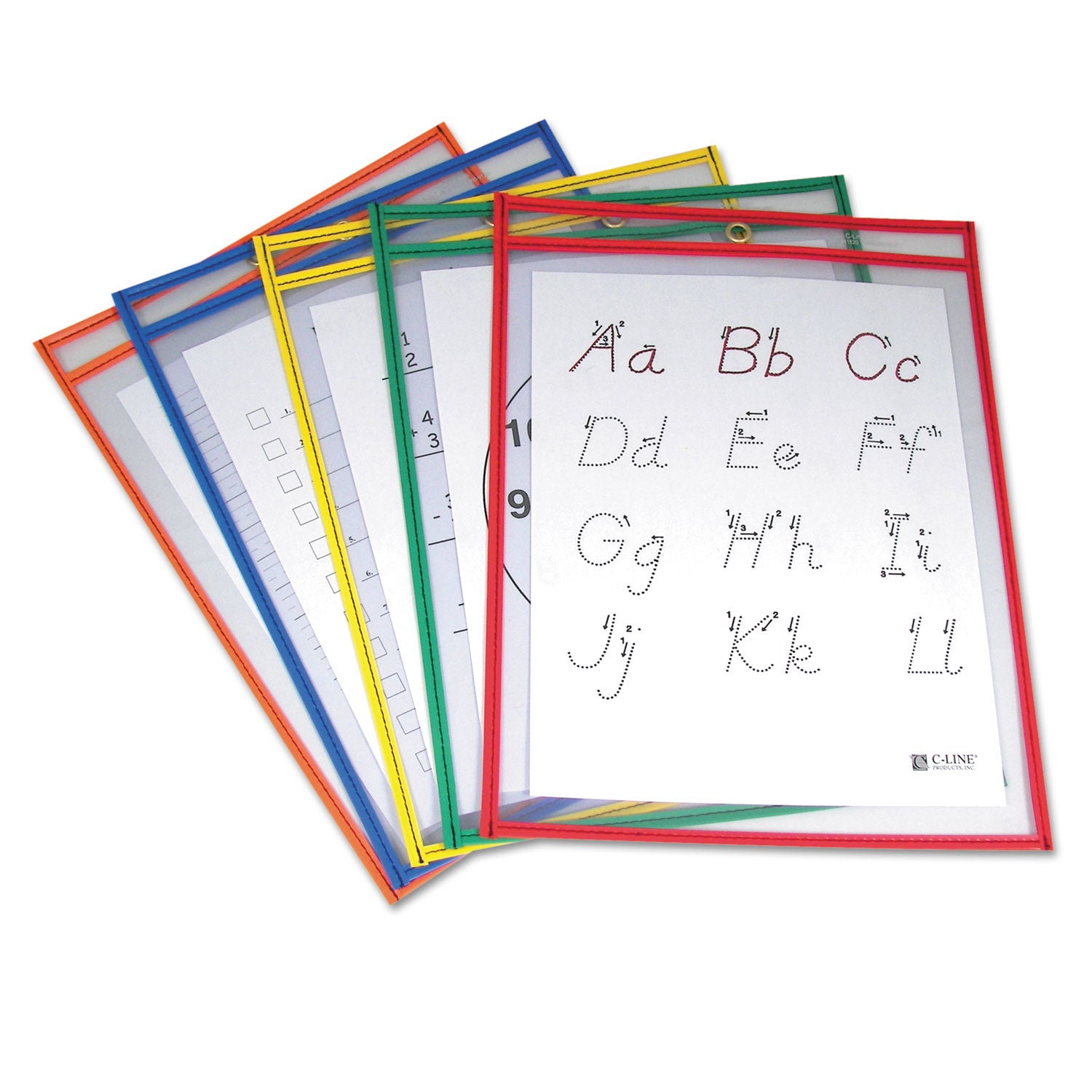 Reusable Dry Erase Pockets, Primary Colors, 9" x 12", Pack of 5