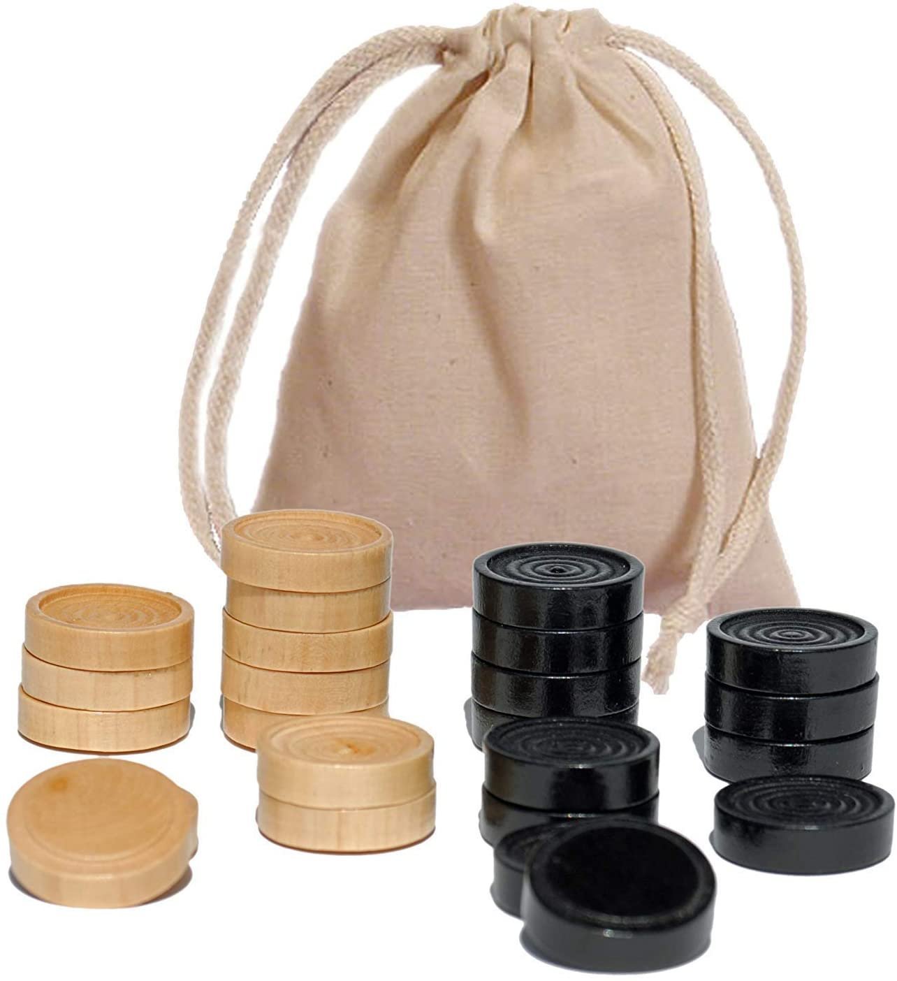 Backgammon  &  Checker  Accessories Wood - 24 Checker Pieces In Cloth Bag, Black/Natural, Piece size:1 1/2"