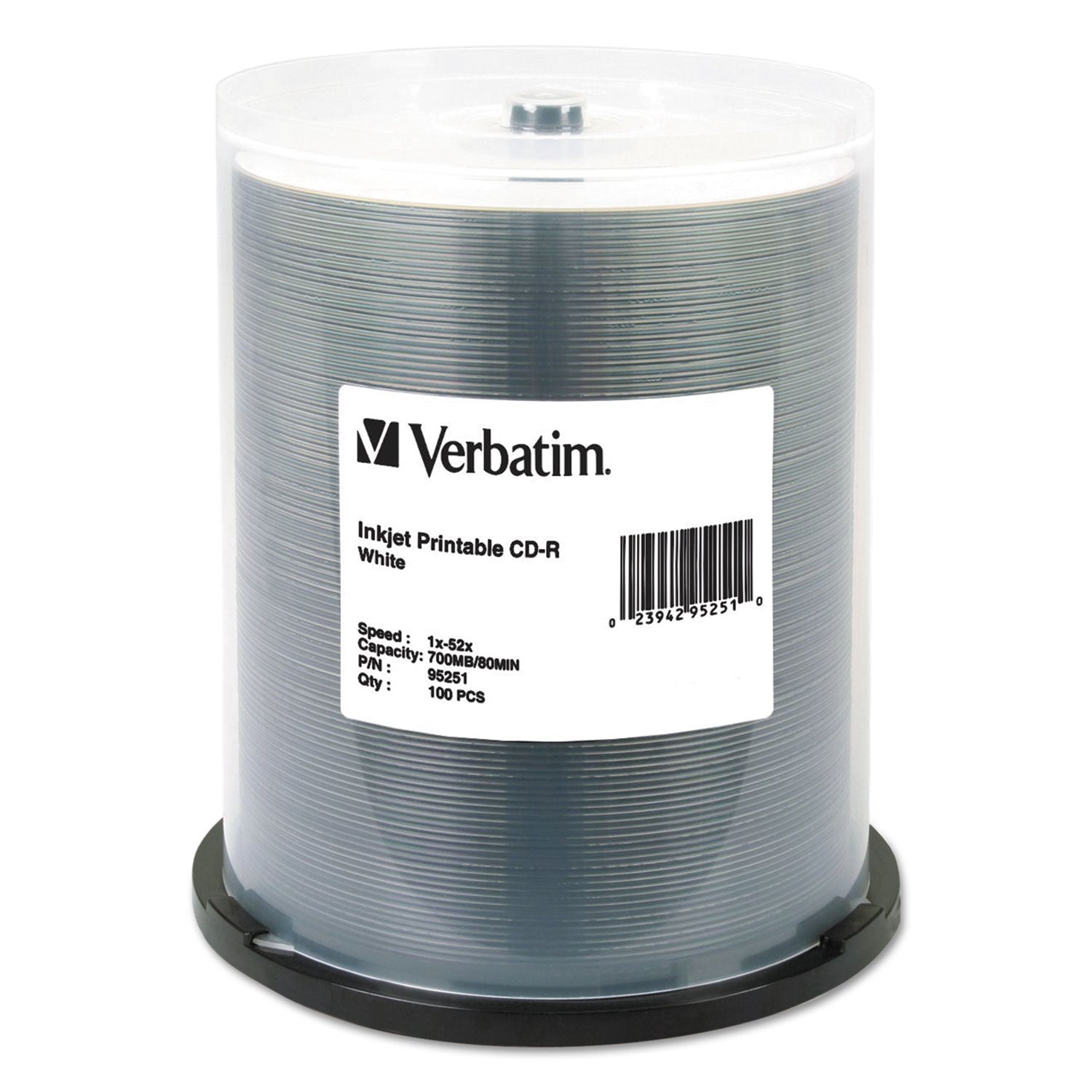 CD-R Printable Recordable Disc, 700 MB/80 min, 52x, Spindle, White, 100/Pack