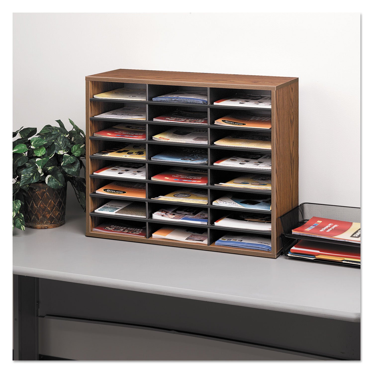 Literature Organizer, 24 Letter Compartments, 29 x 11.88 x 23.44, Medium Oak