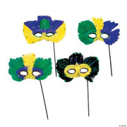 Mardi Gras Feather Mask On A Stick - 12 Pieces