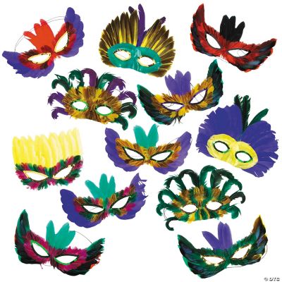 Mardi Gras Feather Mask Assortment - 12 Pieces