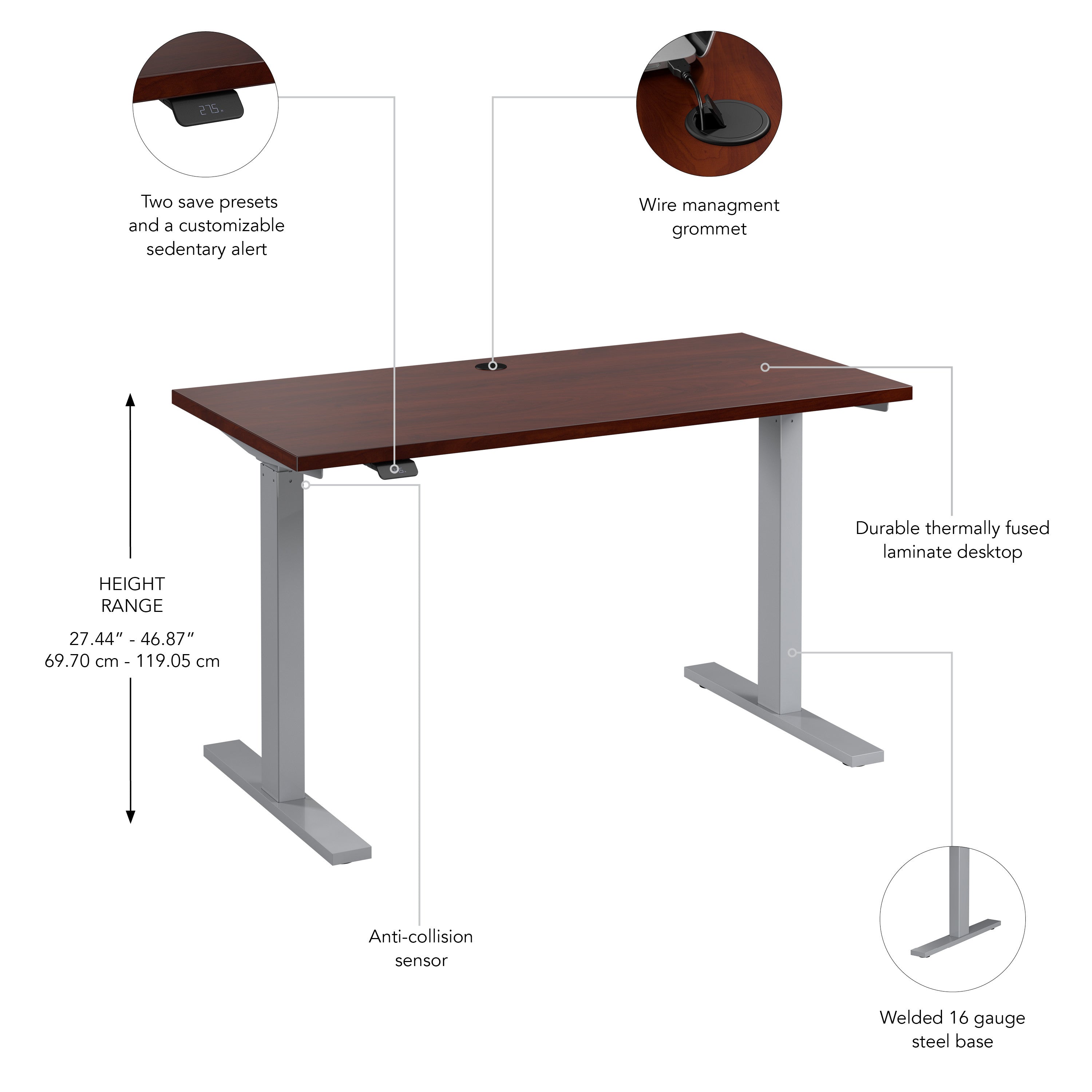 Bush Business Furniture Move 60 Series 48W x 24D Electric Height Adjustable Standing Desk in Hansen Cherry with Metallic Gray Base - 47.6" Width x 23.62" Depth x 47.69" Height