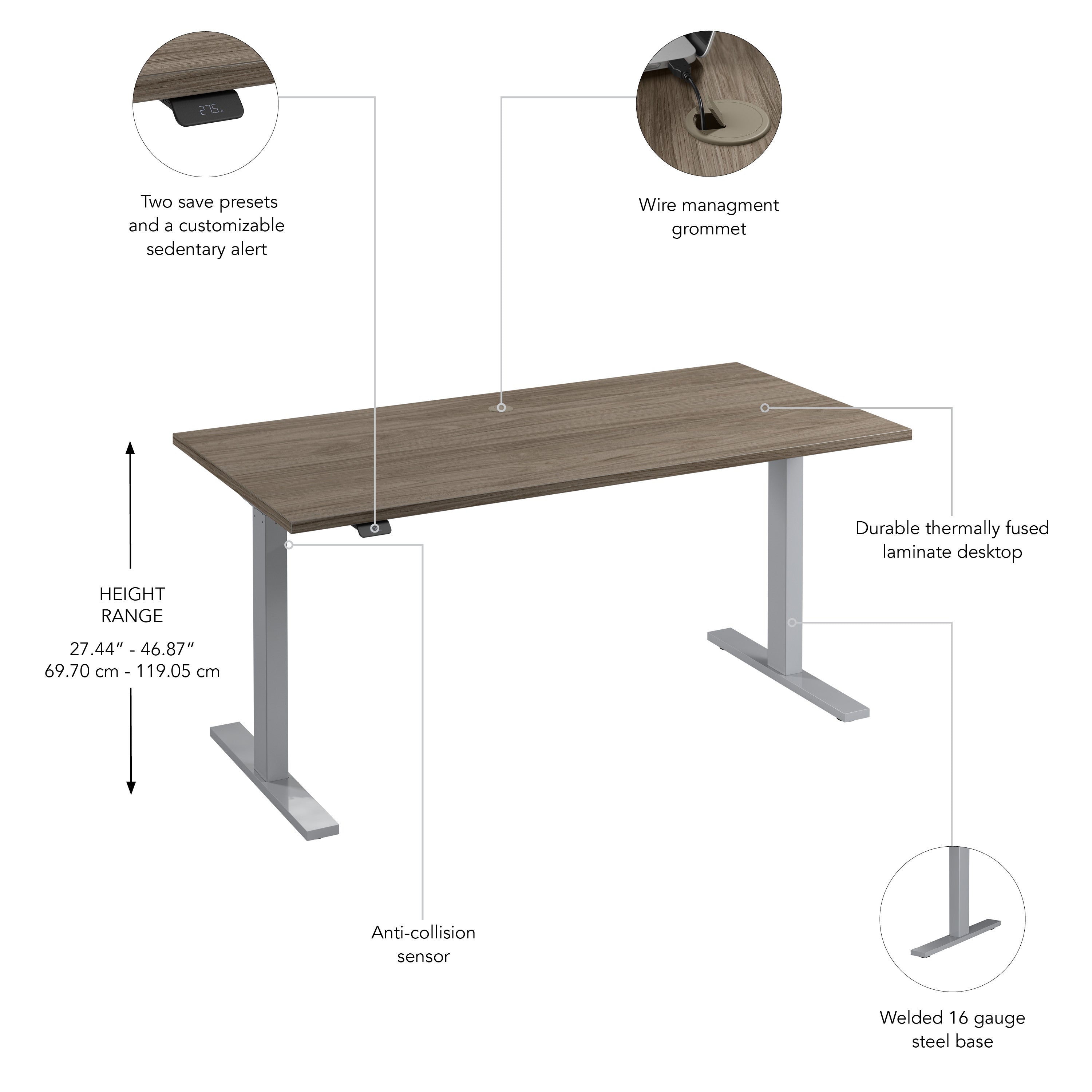 Bush Business Furniture Move 60 Series 60W x 30D Electric Height Adjustable Standing Desk in Modern Hickory with Metallic Gray Base - 59.45" Width x 29.37" Depth x 47.69" Height
