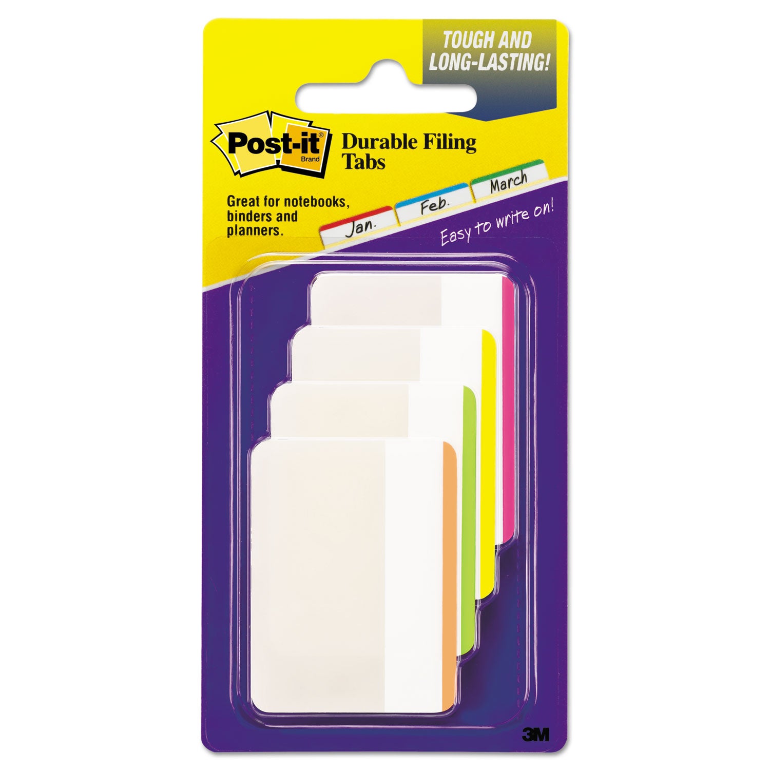 Post-it&reg; Durable Tabs - Write-on Tab(s) - 1.50" Tab Height x 2" Tab Width - Pink, Green, Orange, Yellow Tab(s) - Repositionable - 1 Pack