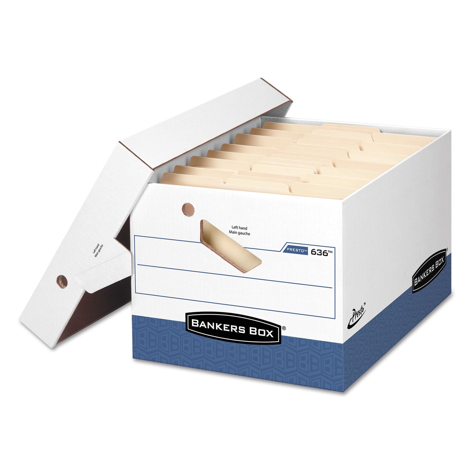Bankers Box Presto File Storage Box, Heavy Duty, Stackable, Lift-off & Zipper Closure, White/Blue, 12" x 15" x 10" Internal Dimensions, 850 lb Capacity, Recycled, 12/Carton