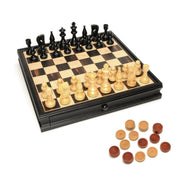 Russian Style Chess & Checkers Game Set - Weighted Chessmen & Black Stained Wood Board with Storage Drawers 15 in