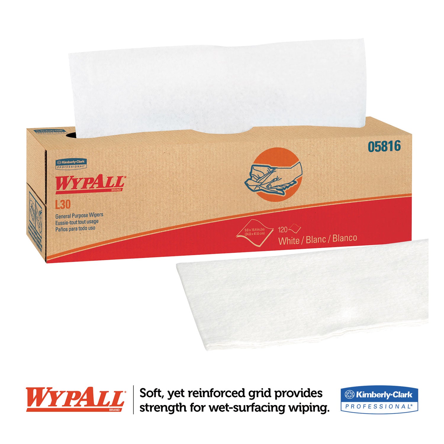 Wypall General Clean L30 Heavy Cleaning Towels, White, 9.80" x 16.40", 120 Towels per Box, 1 Carton