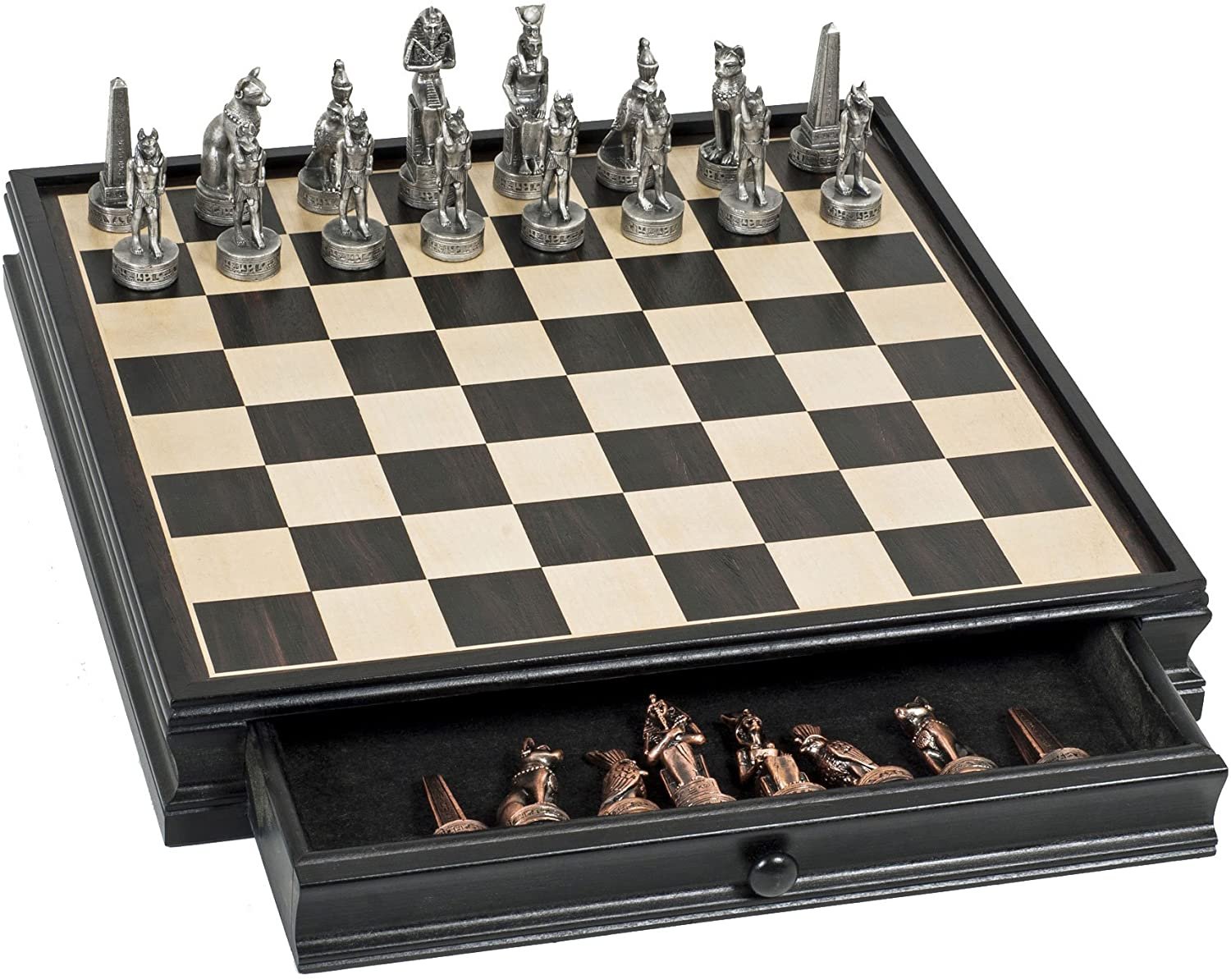 Egyptian Chess & Checkers Game Set - Pewter Chessmen & Black Stained Wood Board with Storage Drawers 15 in.