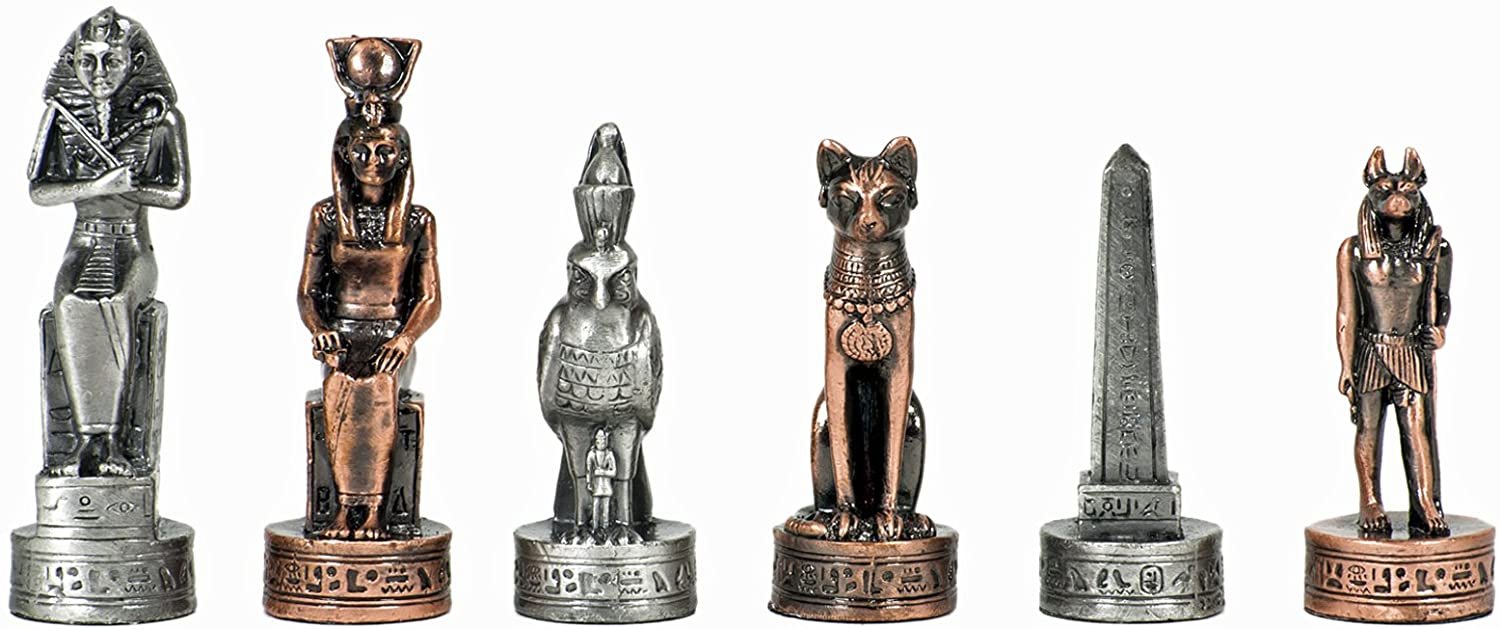 Egyptian Chess & Checkers Game Set - Pewter Chessmen & Black Stained Wood Board with Storage Drawers 15 in.