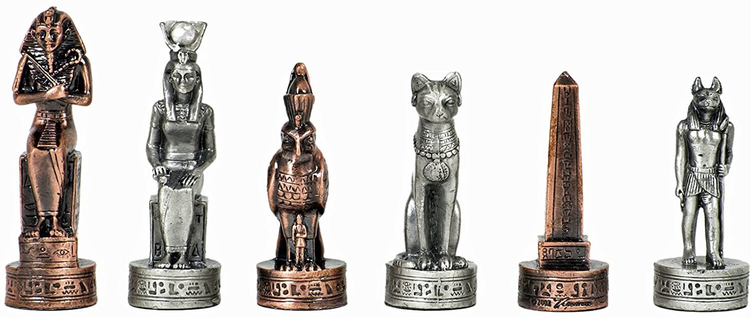 Egyptian Chess & Checkers Game Set - Pewter Chessmen & Black Stained Wood Board with Storage Drawers 15 in.
