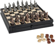 Fantasy Chess & Checkers Game Set - Pewter Chessmen & Black Stained Wood Board with Storage Drawers 15 in.