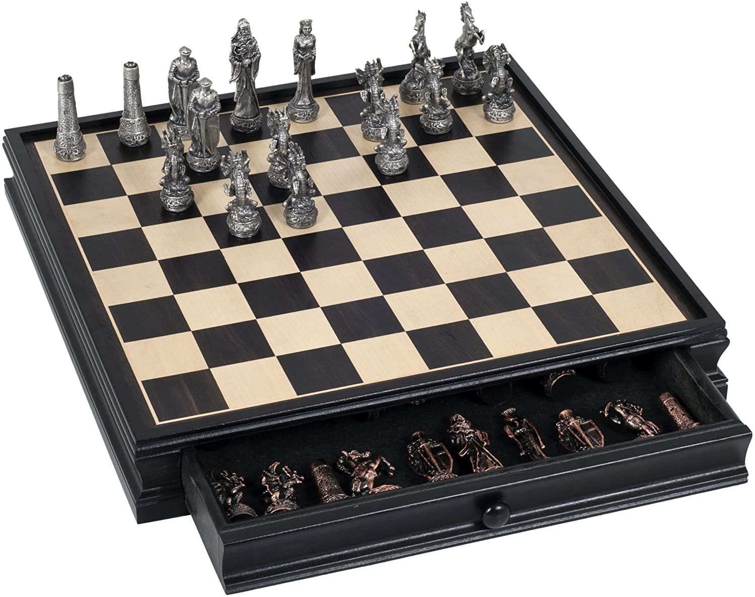 Fantasy Chess & Checkers Game Set - Pewter Chessmen & Black Stained Wood Board with Storage Drawers 15 in.