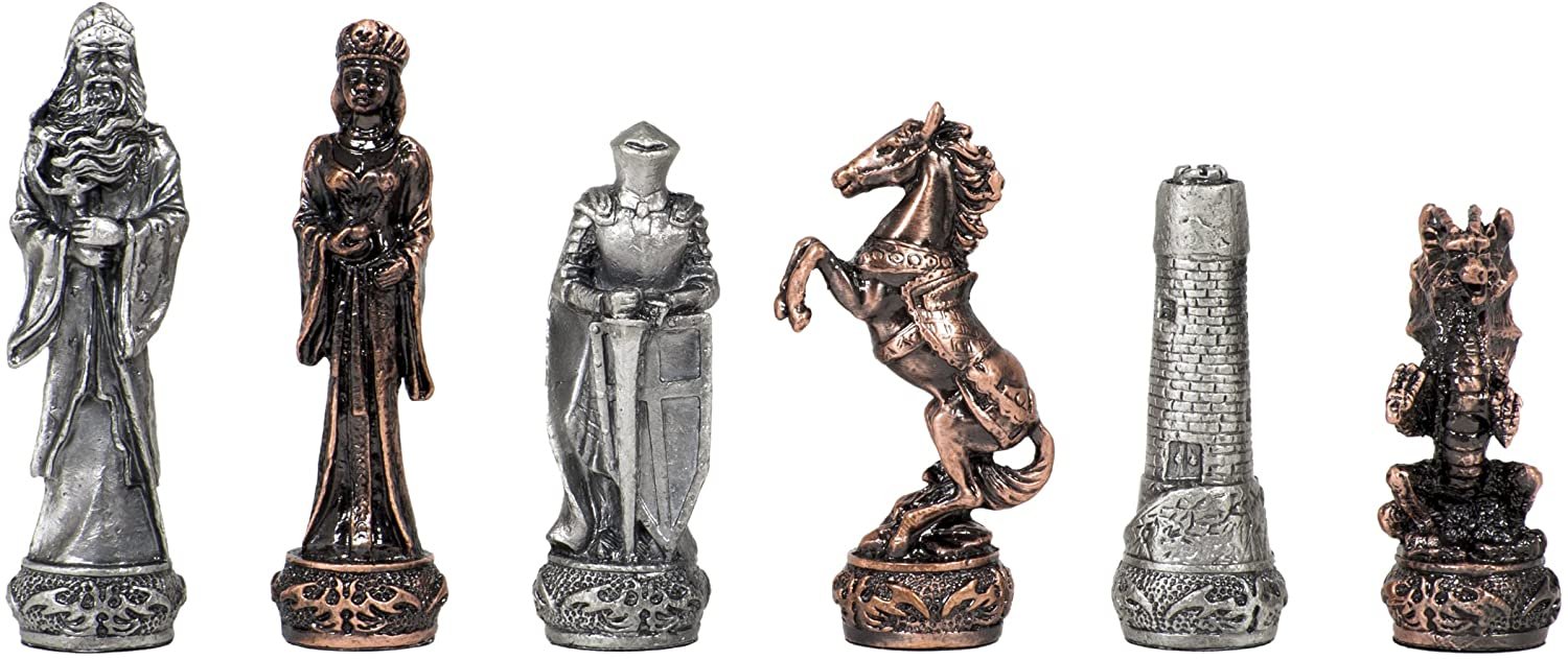 Fantasy Chess & Checkers Game Set - Pewter Chessmen & Black Stained Wood Board with Storage Drawers 15 in.
