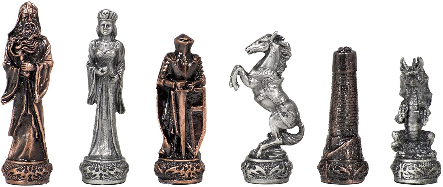 Fantasy Chess & Checkers Game Set - Pewter Chessmen & Black Stained Wood Board with Storage Drawers 15 in.