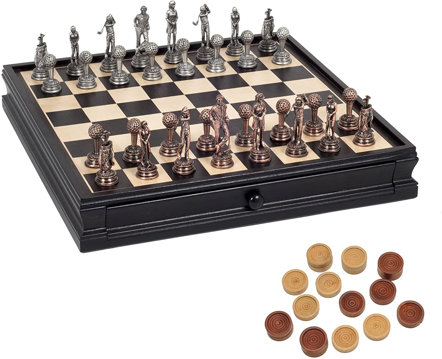 Golf Chess & Checkers Game Set - Pewter Chessmen & Black Stained Wood Board with Storage Drawers 15 in