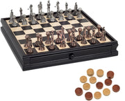 Golf Chess & Checkers Game Set - Pewter Chessmen & Black Stained Wood Board with Storage Drawers 15 in