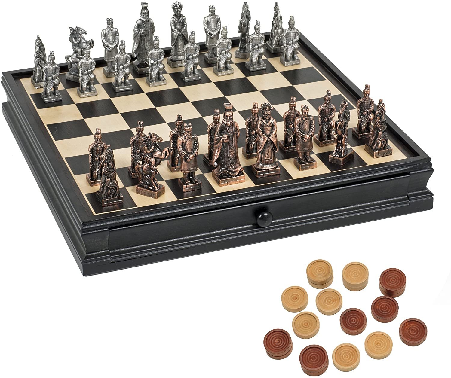 Chinese Qin Chess & Checkers Game Set - Pewter Chessmen & Black Stained Wood Board with Storage Drawers 15 in