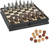 Chinese Qin Chess & Checkers Game Set - Pewter Chessmen & Black Stained Wood Board with Storage Drawers 15 in
