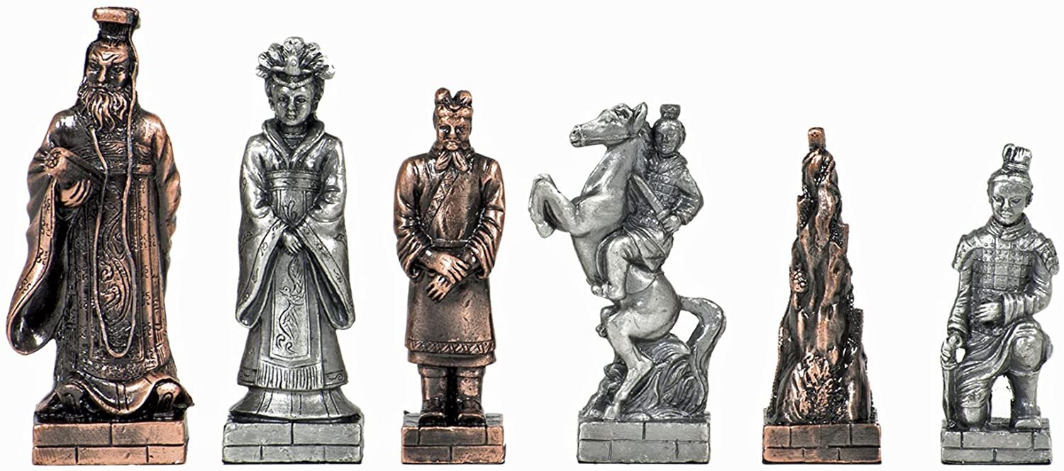 Chinese Qin Chess & Checkers Game Set - Pewter Chessmen & Black Stained Wood Board with Storage Drawers 15 in