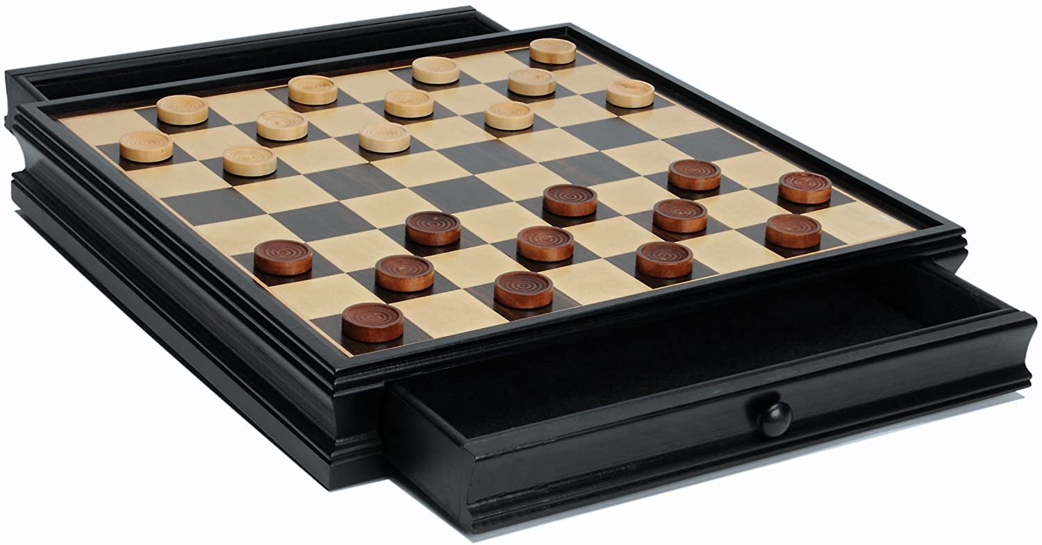 Chinese Qin Chess & Checkers Game Set - Pewter Chessmen & Black Stained Wood Board with Storage Drawers 15 in