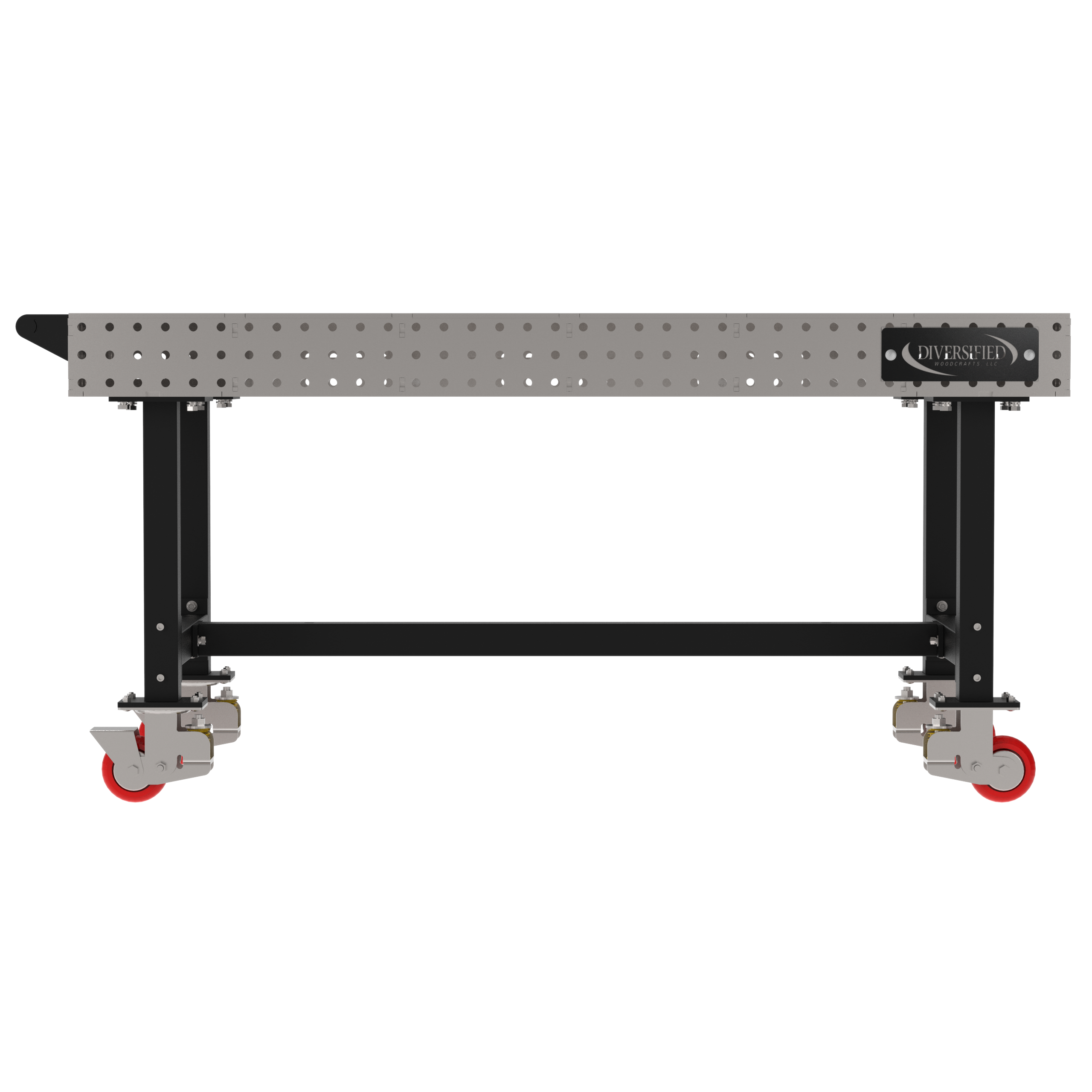 Welding Fixture Table, Fixed Height, 36"H x 72"L x 36"D, 1/4" Carbon Steel Top, Four Black Powdercoat Legs, Handle, 4 Heavy Duty Suspension Casters (2 Locking/Swiveling Casters and 2 Non-Locking/Non-SwivelingCasters)