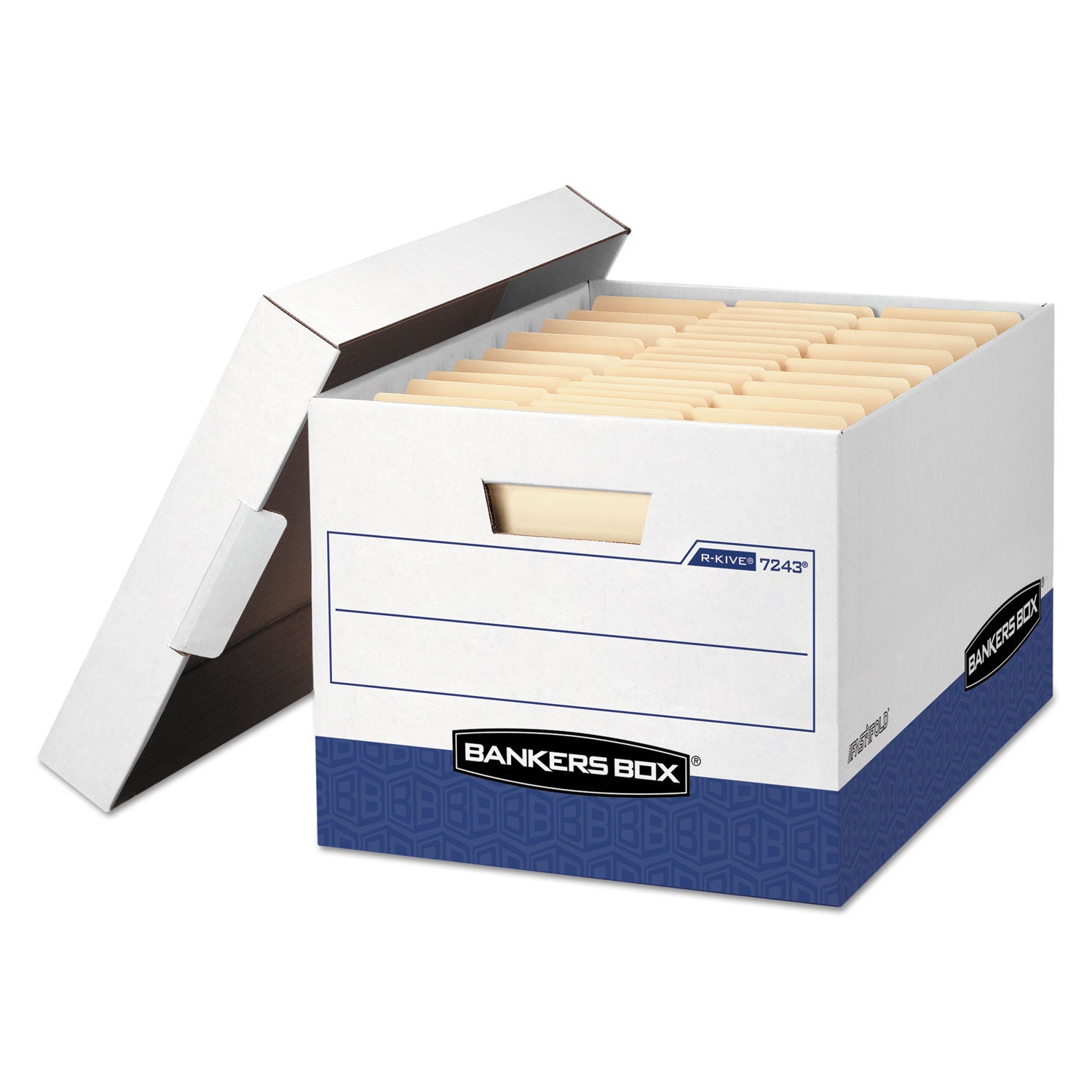 Bankers Box R-Kive File Storage Box, Heavy Duty, Stackable, Lift-off Lid, Letter/Legal Size, White/Blue, 12 Boxes per Carton
