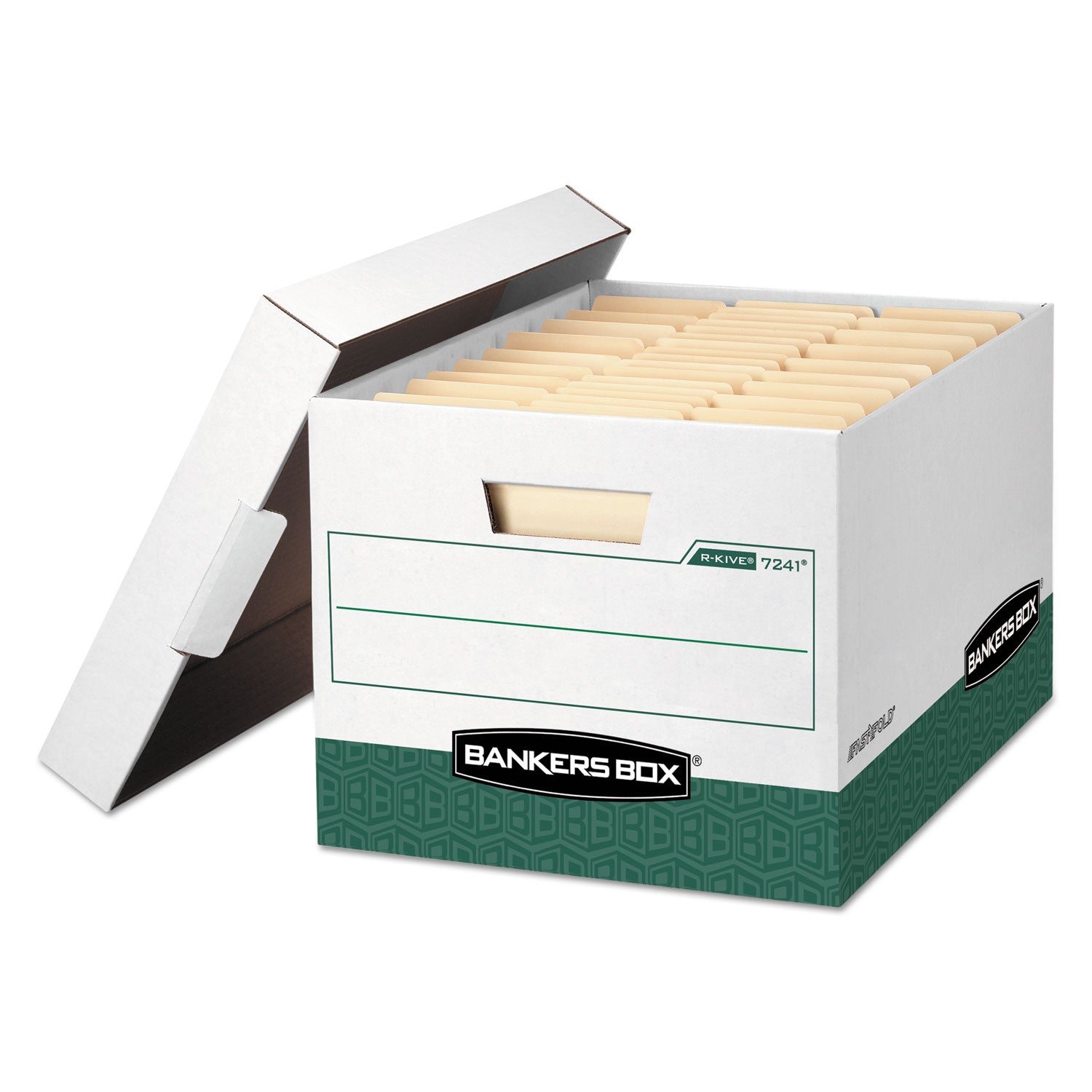 Bankers Box R-Kive File Storage Box, Heavy Duty, Stackable, Lift-off Lid, Reinforced Handles, White/Green, 12 per Carton