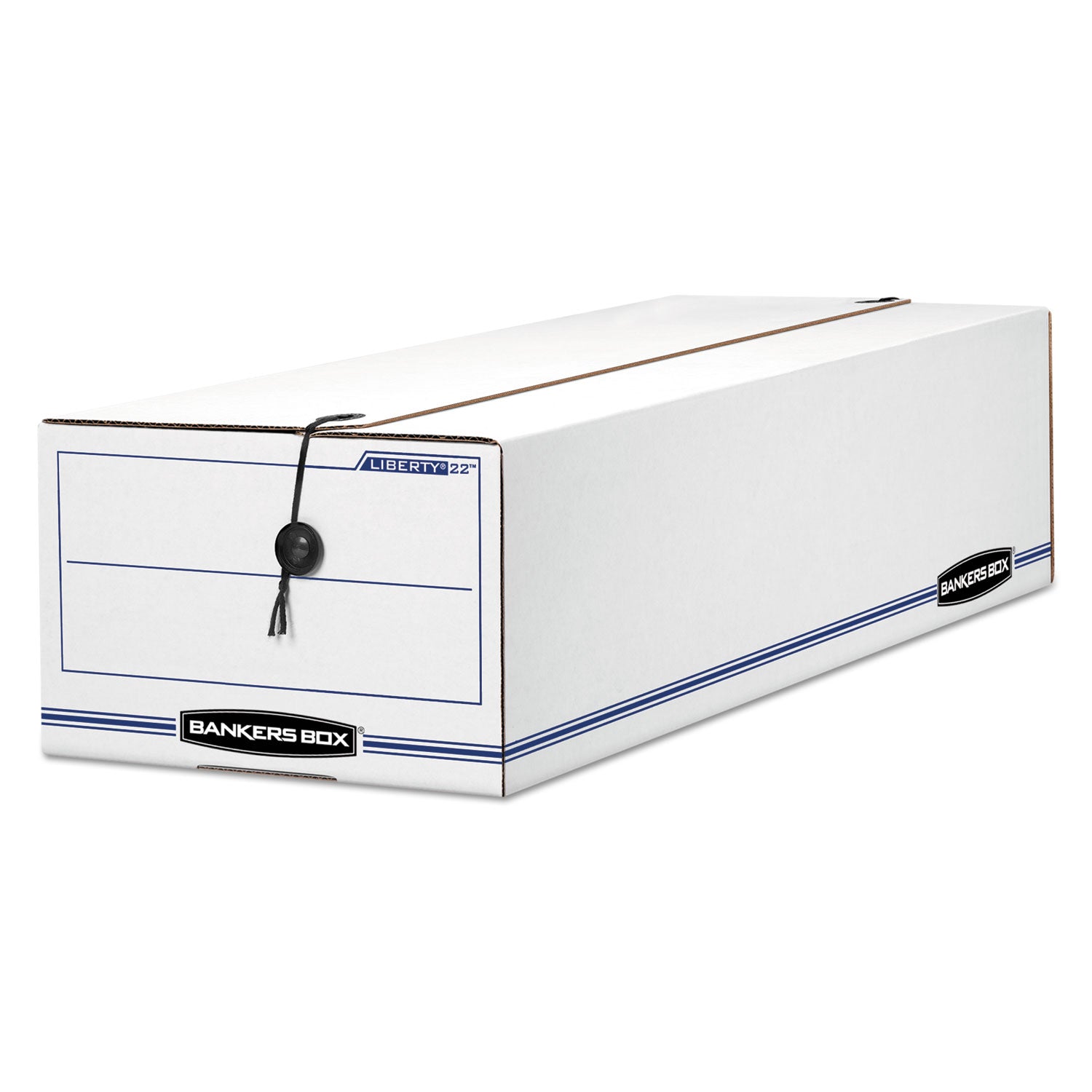 Bankers Box Liberty Check and Form Boxes, Medium Duty, String/Button Tie Closure, Stackable, Fiberboard, White/Blue, 8.75" x 23.75" x 7" (Internal), 12/Carton
