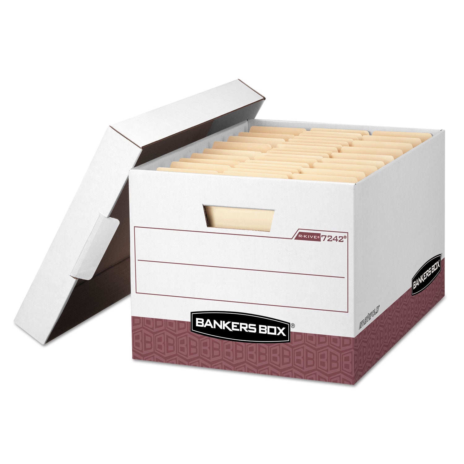 Bankers Box R-Kive File Storage Box, Heavy Duty, Lift-off Lid, Stackable, White/Red, Supports Letter & Legal Size, 12 Boxes per Carton