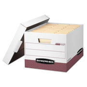 Bankers Box R-Kive File Storage Box, Heavy Duty, Lift-off Lid, Stackable, White/Red, Supports Letter & Legal Size, 12 Boxes per Carton