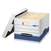 Bankers Box STOR/FILE File Storage Box, Medium Duty, Lift-off Lid, Stackable, Letter/Legal Size, White/Blue, Recycled, 12 Boxes per Carton
