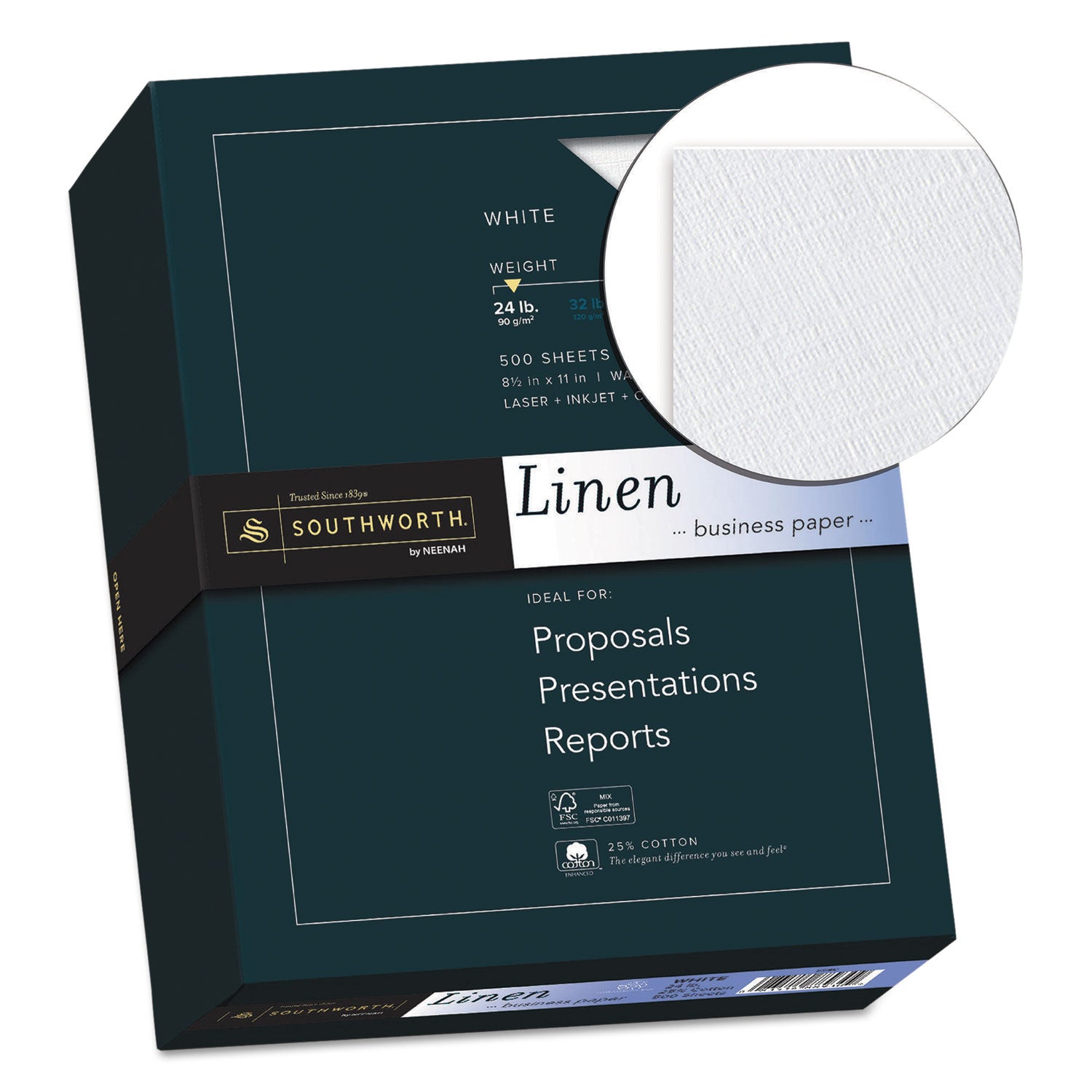Southworth 25% Cotton Business Paper - Letter - 8 1/2" x 11" - 24 lb Basis Weight - Linen - Acid-free, Watermarked, Date-coded - White - 1 Box