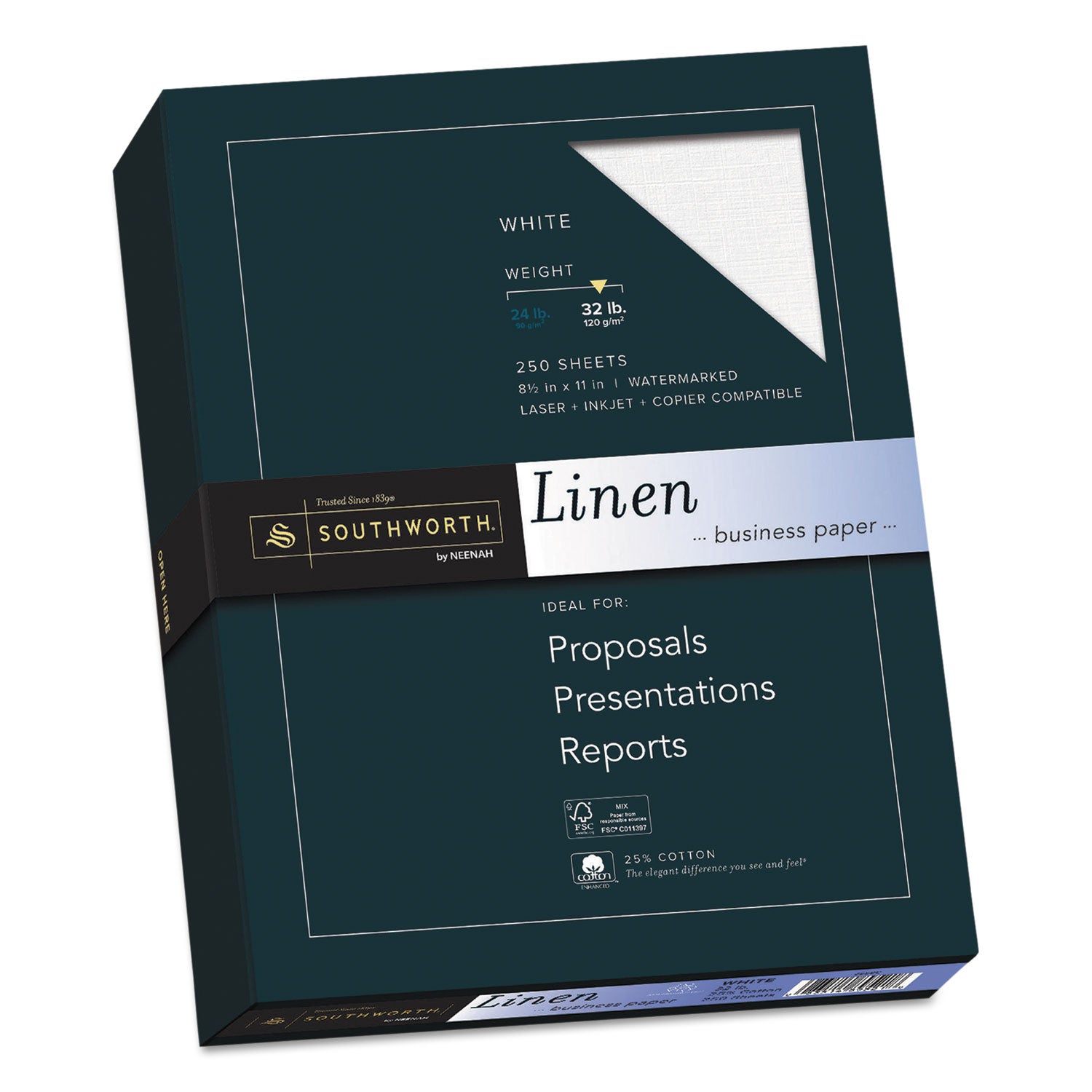 Southworth 25% Cotton Business Paper - Letter - 8 1/2" x 11" - 32 lb Basis Weight - Linen, Textured - Acid-free, Watermarked, Date-coded - White - 250 / Box