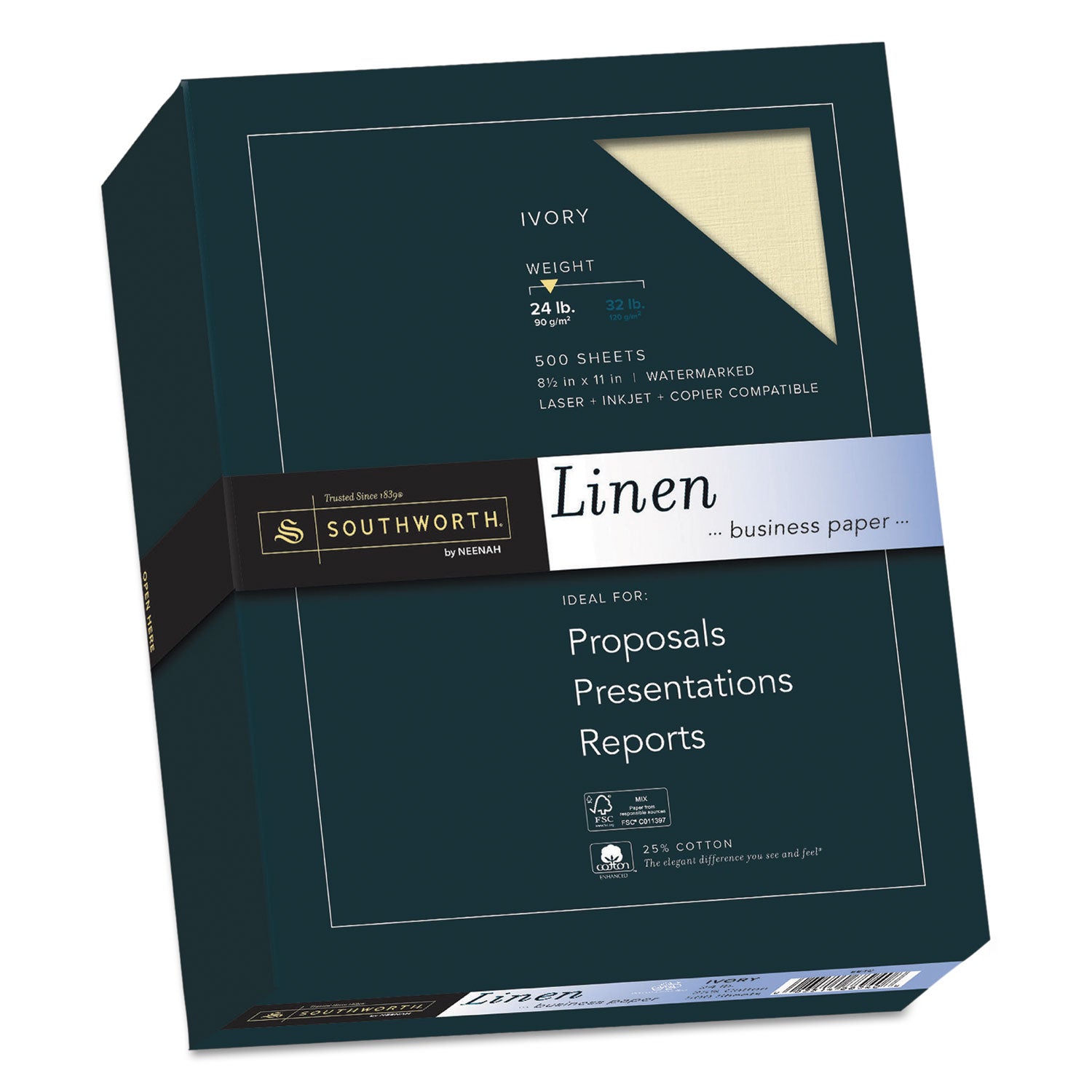 Letter - 8 1/2" x 11" - 24 lb Basis Weight - Linen - Acid-free, Watermarked, Date-coded - Ivory - 1 Box