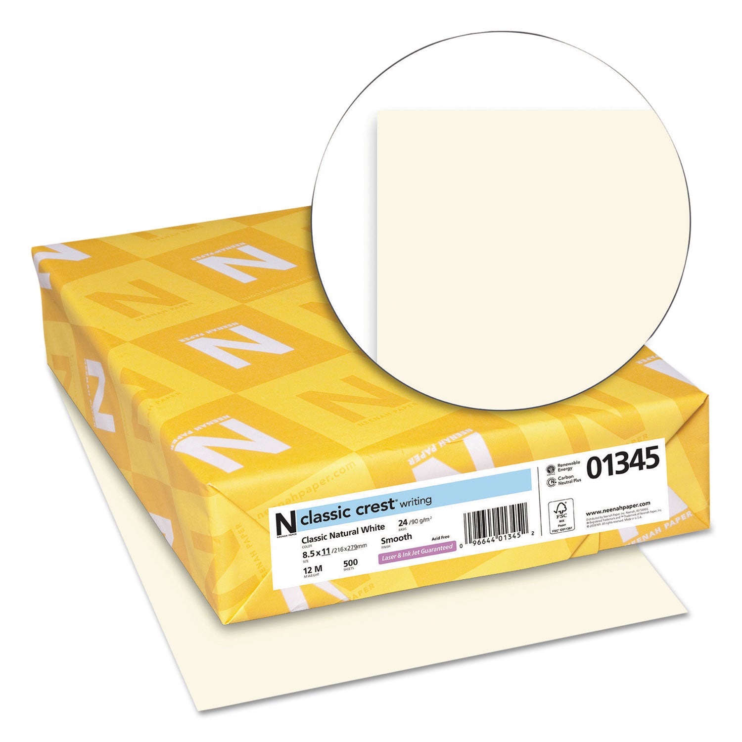 Letter - 8 1/2" x 11" - Smooth - Green Seal - Watermarked, Acid-free, No Cotton Content, Ream-wrapped - Natural White - 500 / Ream