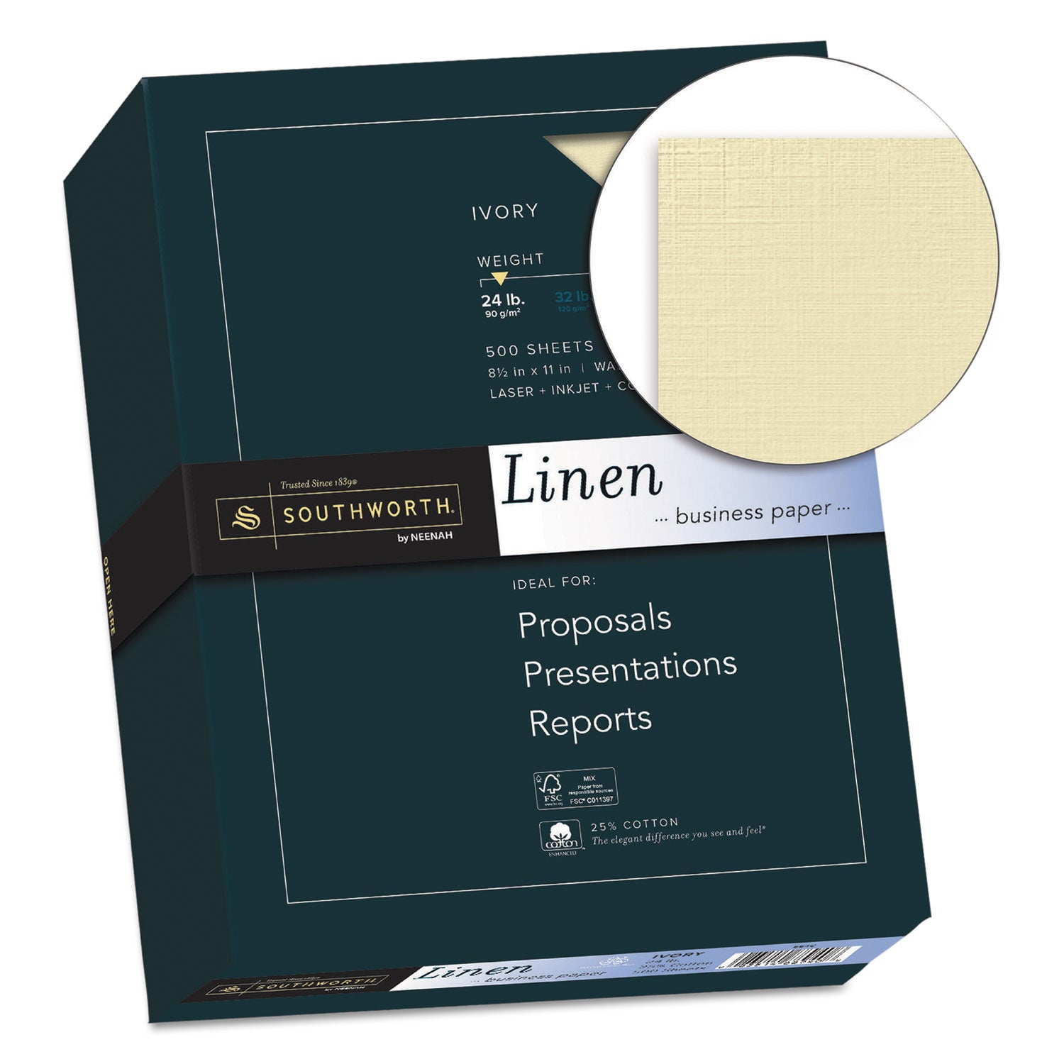 Letter - 8 1/2" x 11" - 24 lb Basis Weight - Linen - Acid-free, Watermarked, Date-coded - Ivory - 1 Box