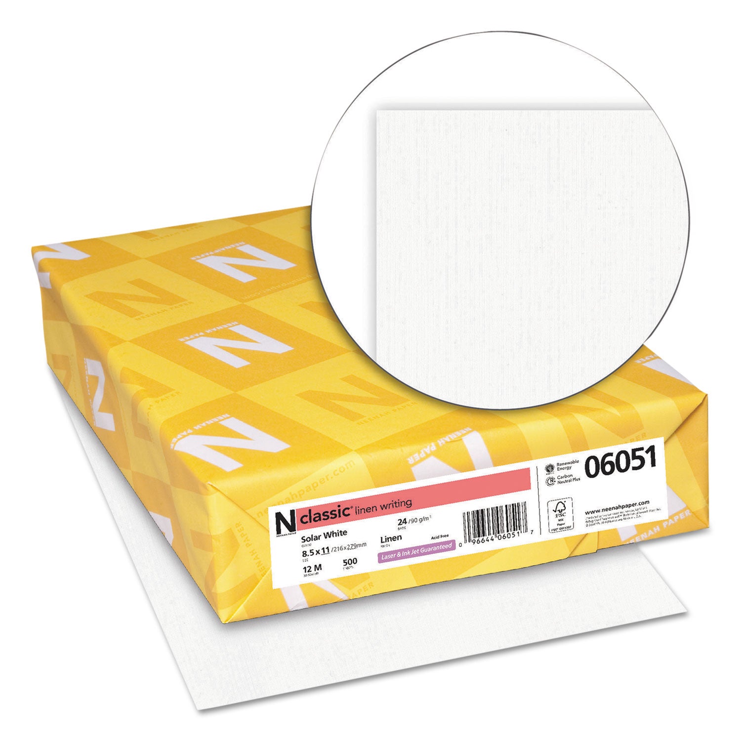 Classic Premium Paper - White - Letter - 8 1/2" x 11" - 24 lb Basis Weight - Linen - Watermarked, No Cotton Content, Acid-free, Ream-wrapped - Solar White - 500 / Ream