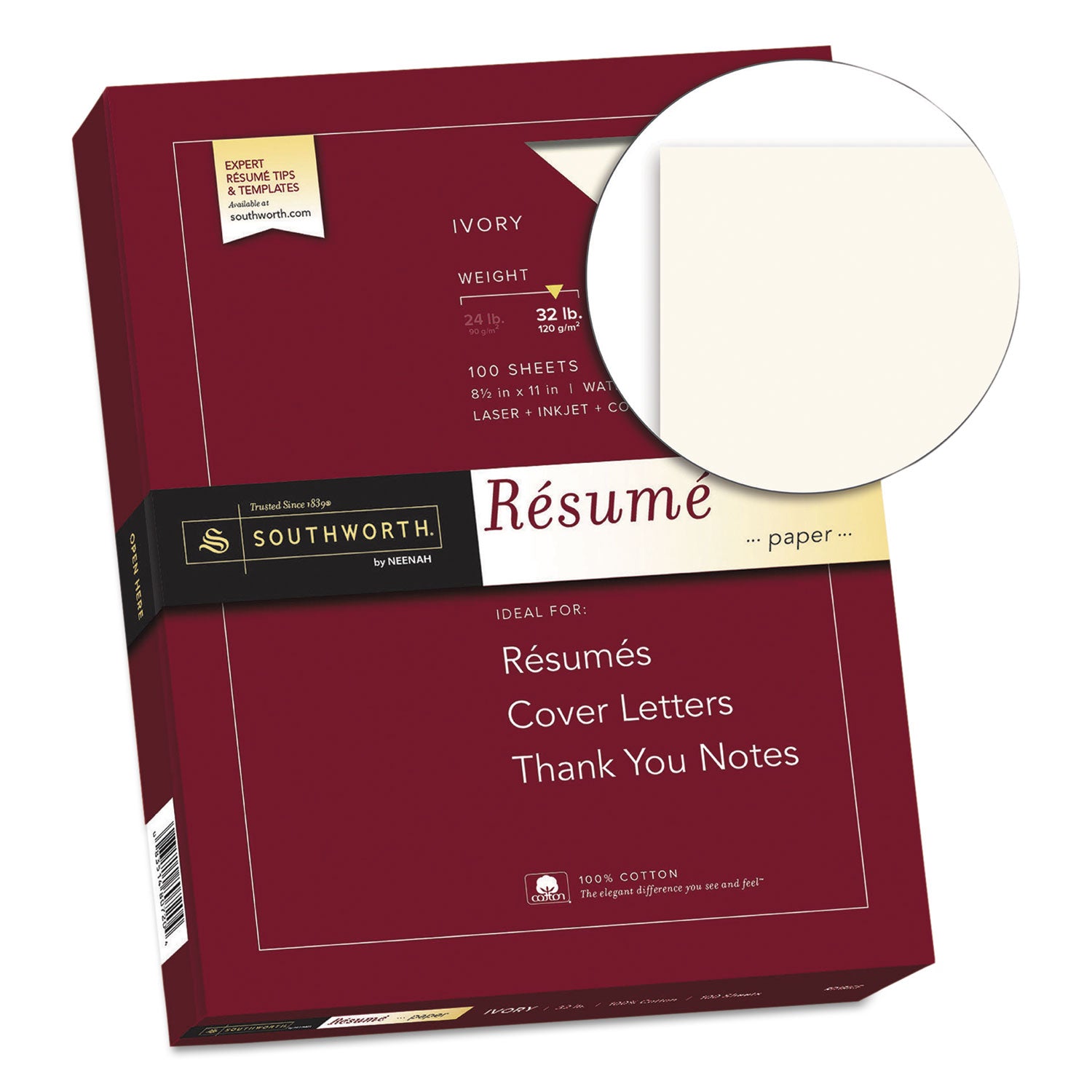 Southworth 100% Cotton Resume Paper - Letter - 8 1/2" x 11" - 32 lb Basis Weight - Wove - Acid-free, Watermarked - Ivory - 1 Box