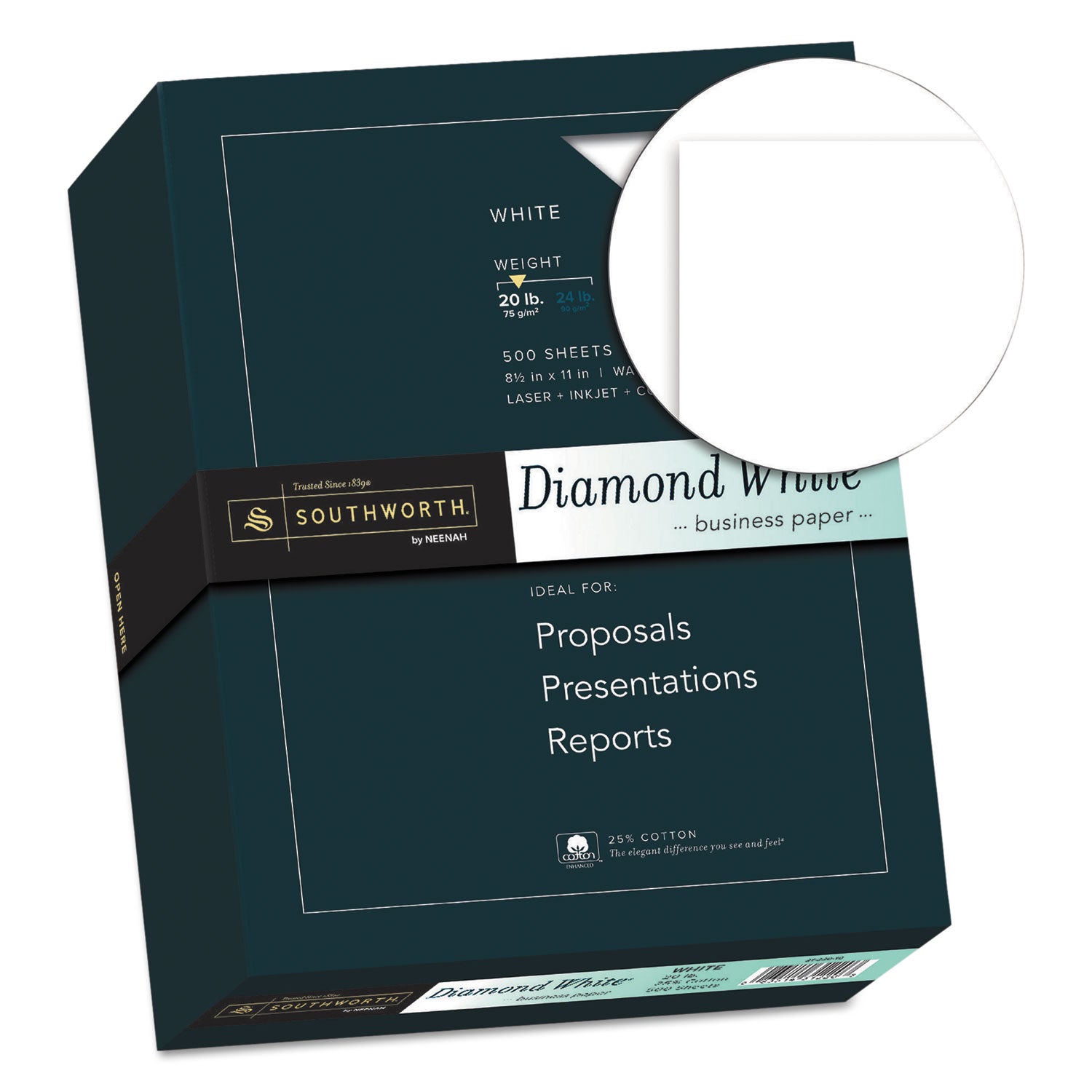 Southworth 25% Cotton Business Paper - Letter - 8 1/2" x 11" - 20 lb Basis Weight - Wove - Acid-free, Watermarked - Diamond White - 1 Box