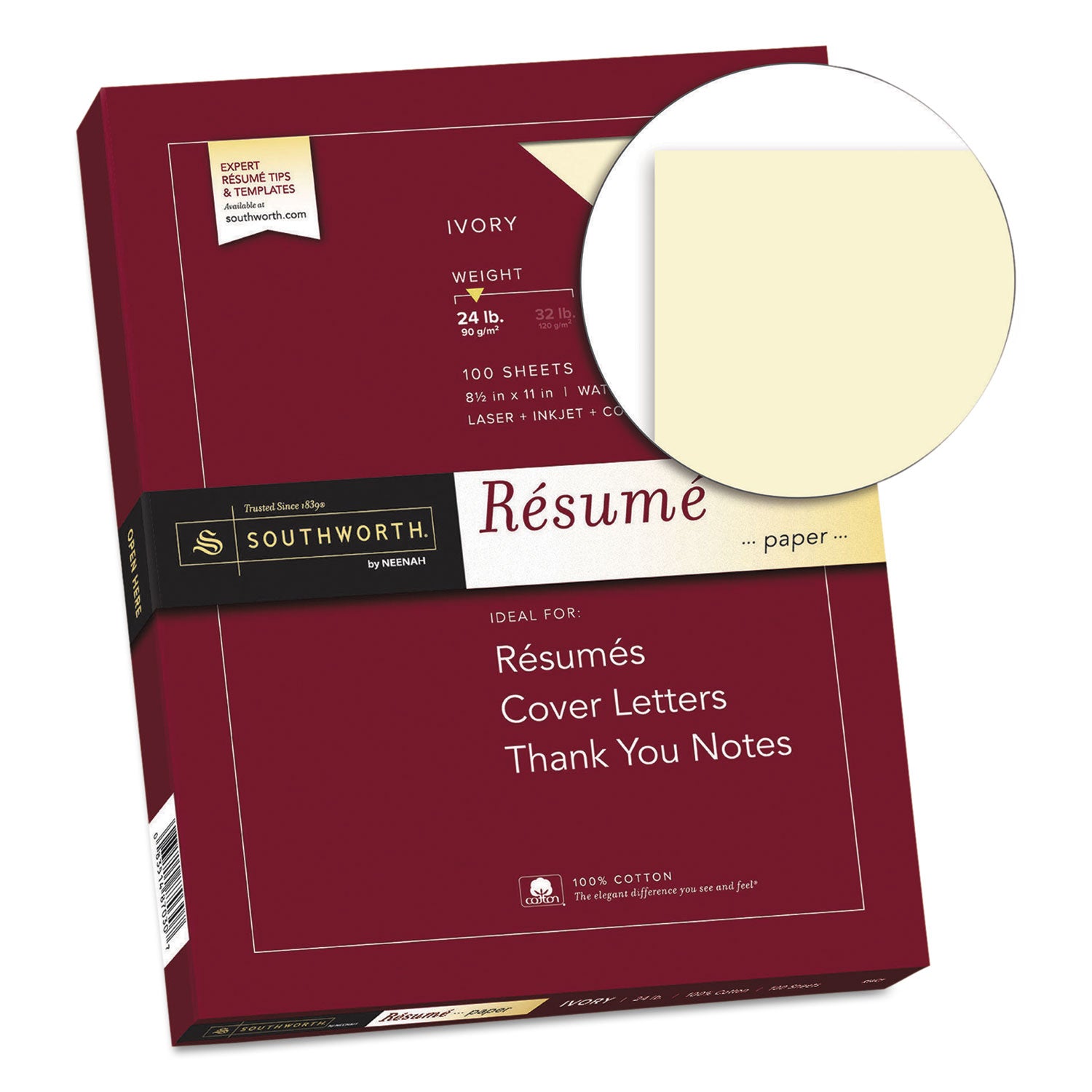 Southworth 100% Cotton Resume Paper - Letter - 8 1/2" x 11" - 24 lb Basis Weight - Wove - Acid-free, Lignin-free - Ivory - 1 Box
