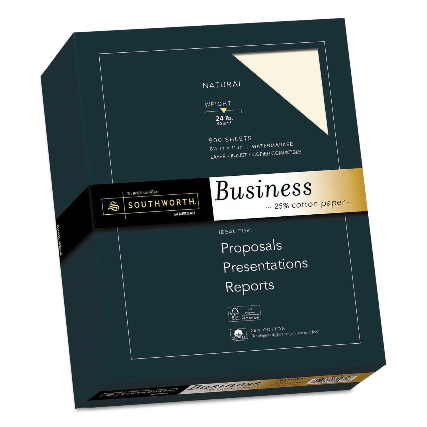 Southworth 25% Cotton Business Paper - Letter - 8 1/2" x 11" - 24 lb Basis Weight - Wove - Watermarked, Acid-free, Lignin-free, Date-coded - Natural White (Ivory) - 1 Box